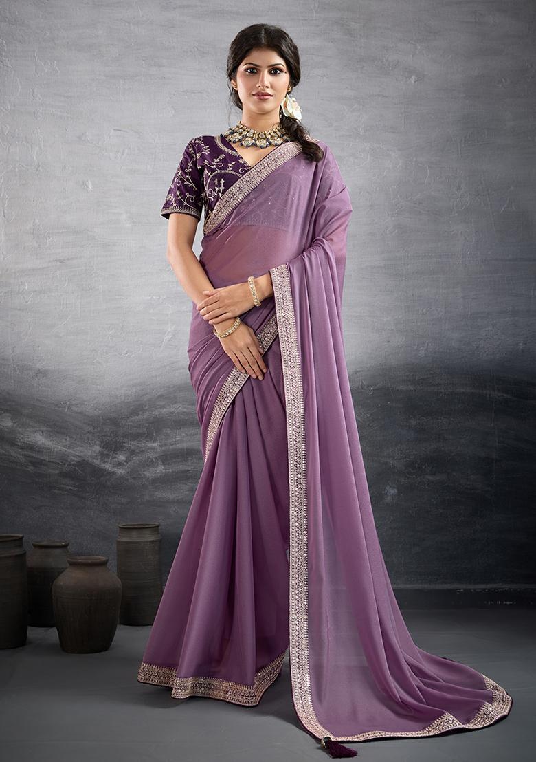Purple Sequins Work Vichitra Silk Saree Set