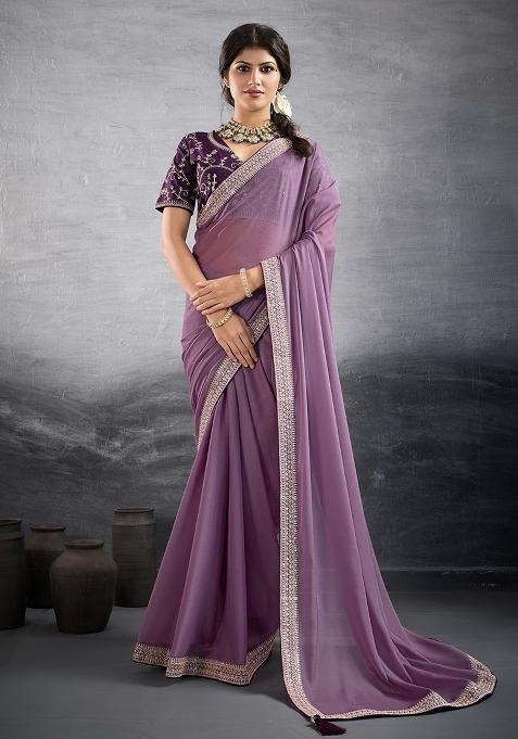 Purple Sequins Work Vichitra Silk Saree Set