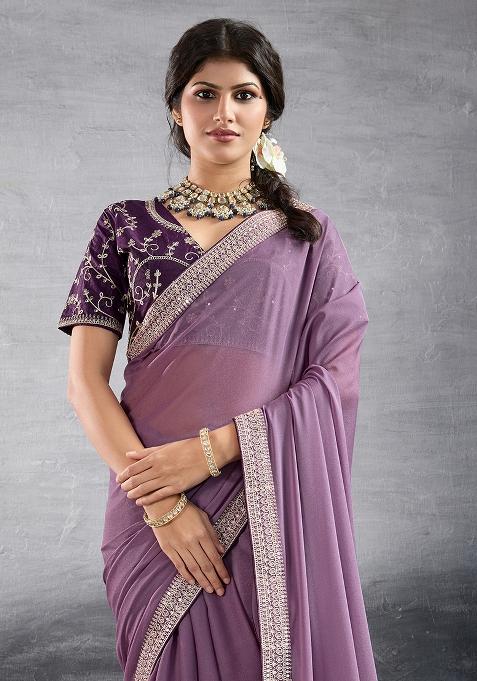 Purple Sequins Work Vichitra Silk Saree Set
