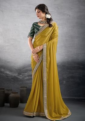 Yellow Sequins Work Vichitra Silk Saree Set