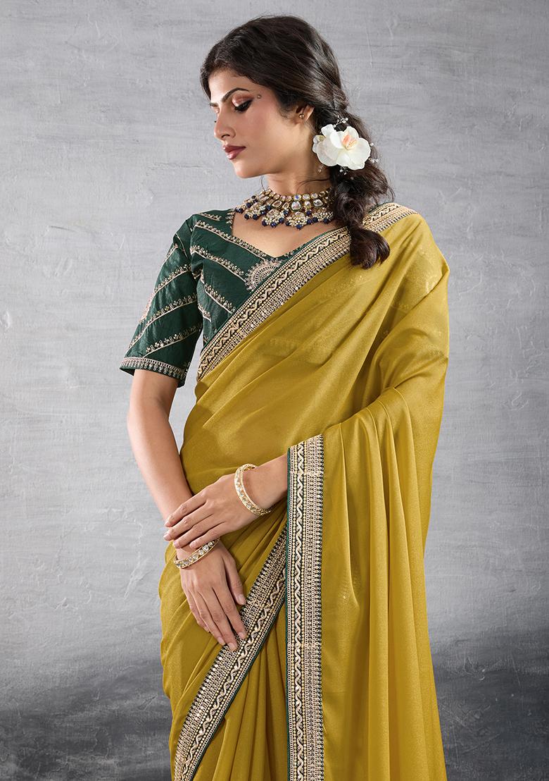 Yellow Sequins Work Vichitra Silk Saree Set - Indya