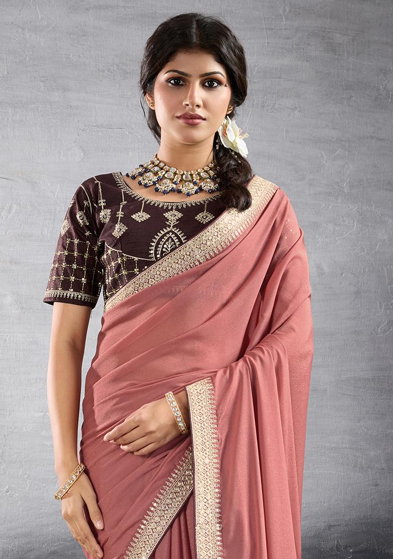 Peach Sequins Work Vichitra Silk Saree Set - Indya