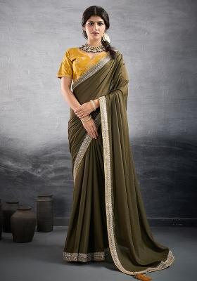 Green Sequins Work Vichitra Silk Saree Set