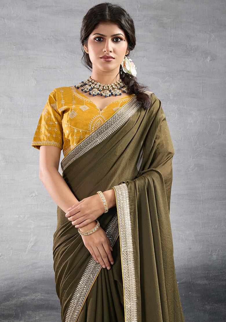 Green Sequins Work Vichitra Silk Saree Set - Indya