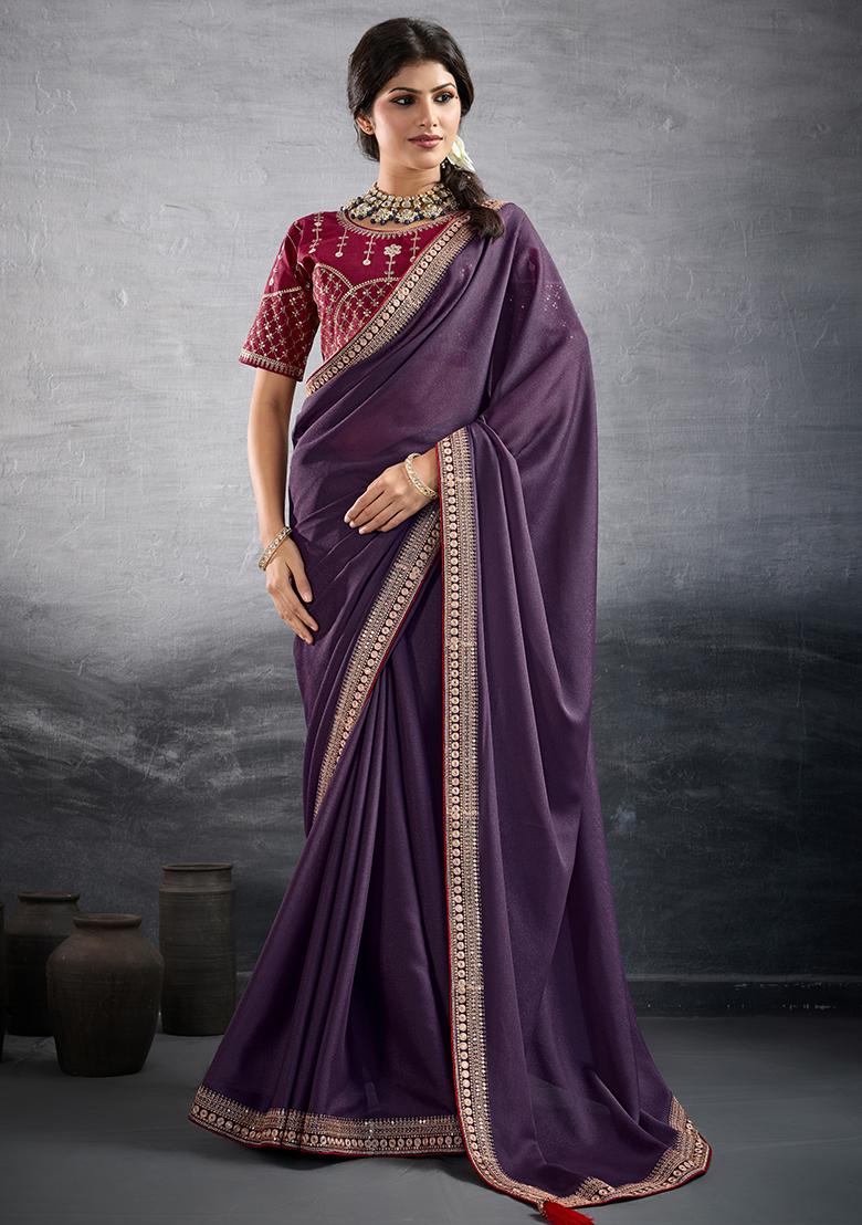 Purple Sequins Work Vichitra Silk Saree Set