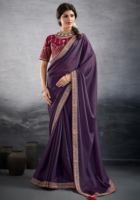 Purple Sequins Work Vichitra Silk Saree Set