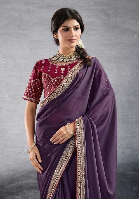 Purple Sequins Work Vichitra Silk Saree Set