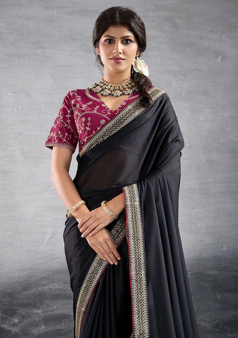 Black Sequins Work Vichitra Silk Saree Set - Indya