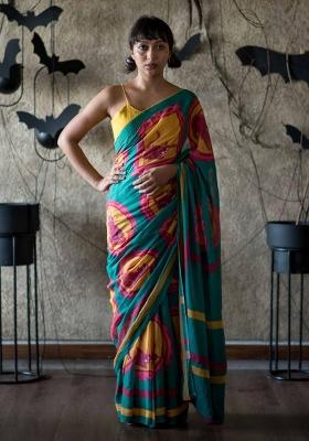 Teal Handloom Khadi Cotton Silk Saree Set