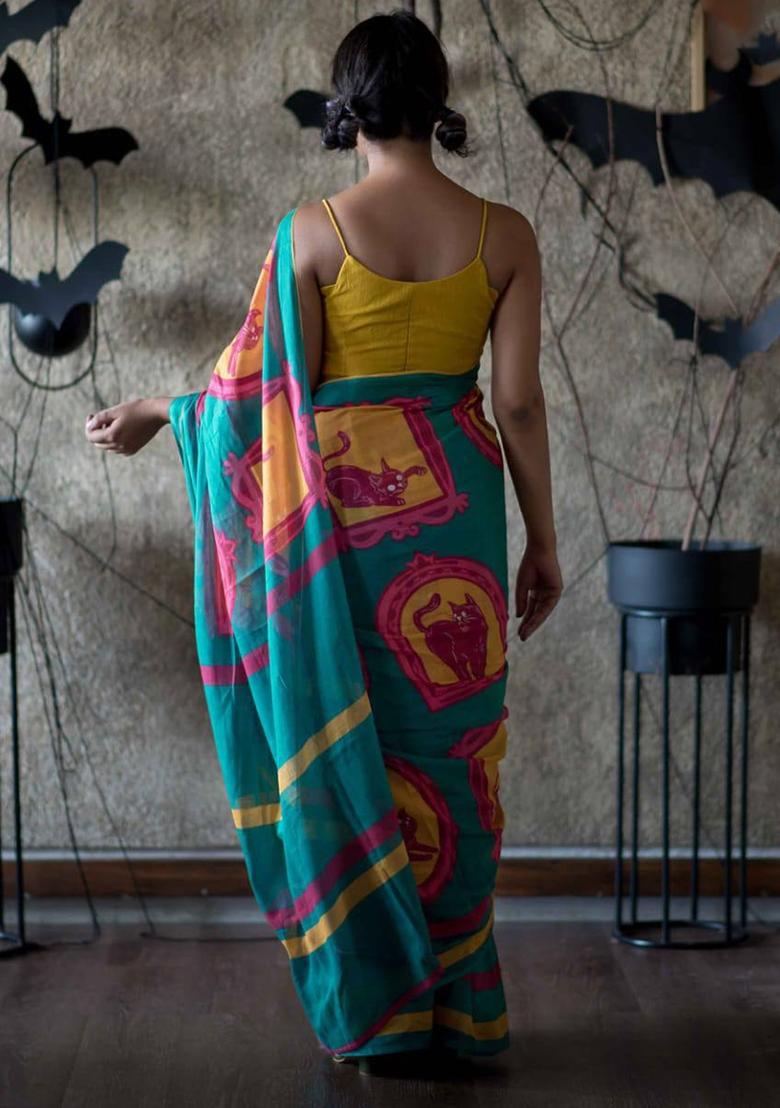 Teal Handloom Khadi Cotton Silk Saree Set