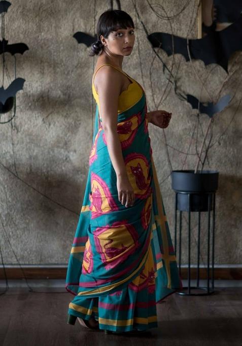 Teal Handloom Khadi Cotton Silk Saree Set