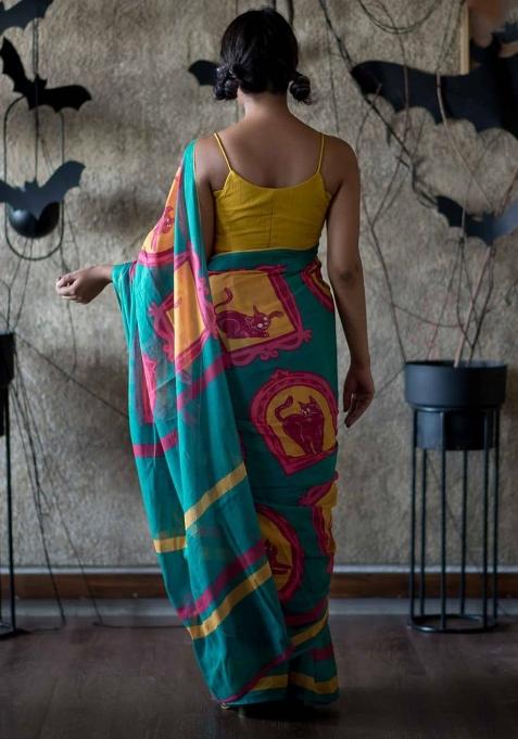 Teal Handloom Khadi Cotton Silk Saree Set
