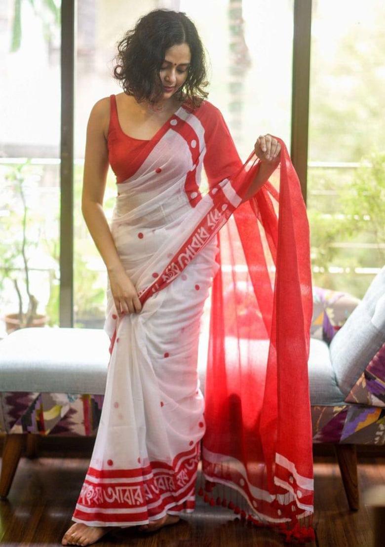 White Handloom Khadi Cotton Silk Saree Set