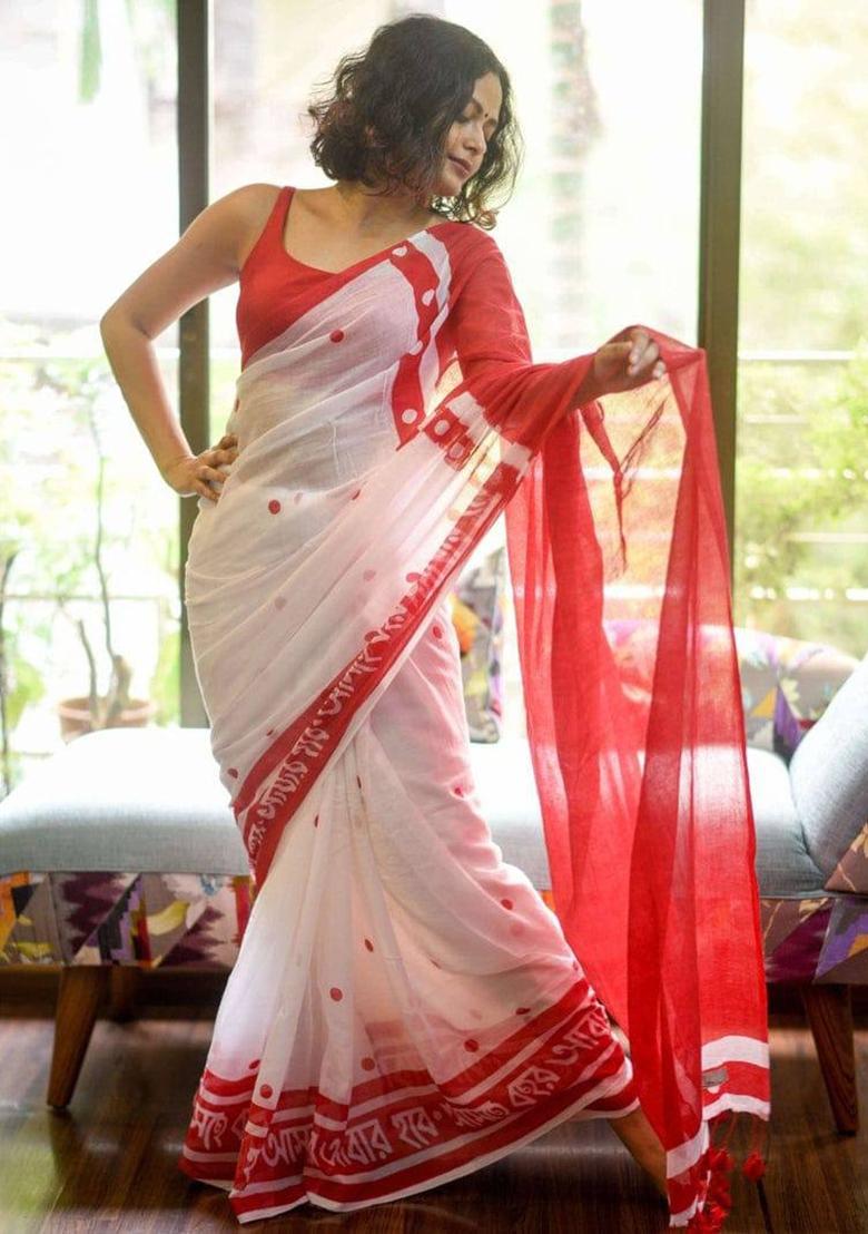 White Handloom Khadi Cotton Silk Saree Set - Indya