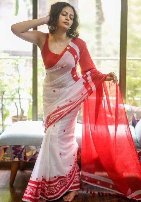 White Handloom Khadi Cotton Silk Saree Set