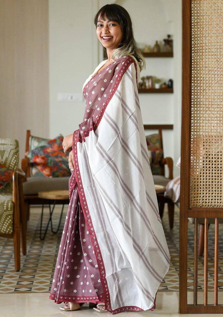 Wine Handloom Khadi Cotton Silk Saree Set - Indya