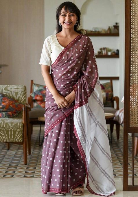 Wine Handloom Khadi Cotton Silk Saree Set