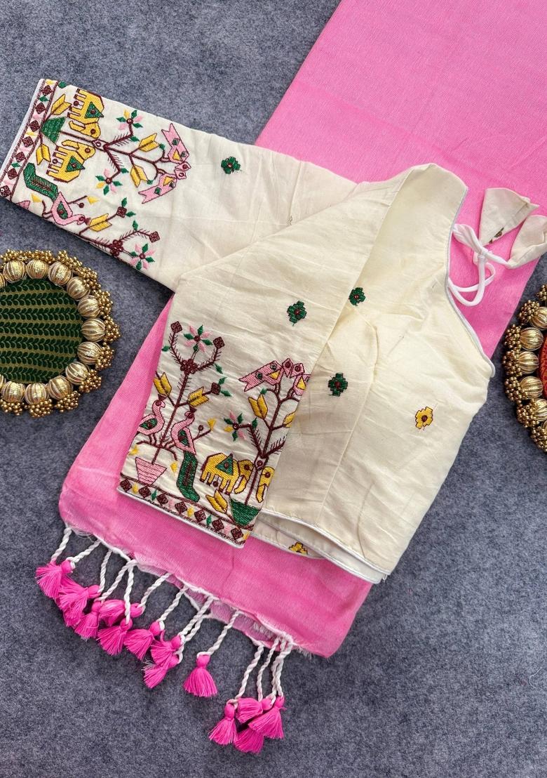 Baby Pink Handloom Khadi Cotton Silk Saree Set