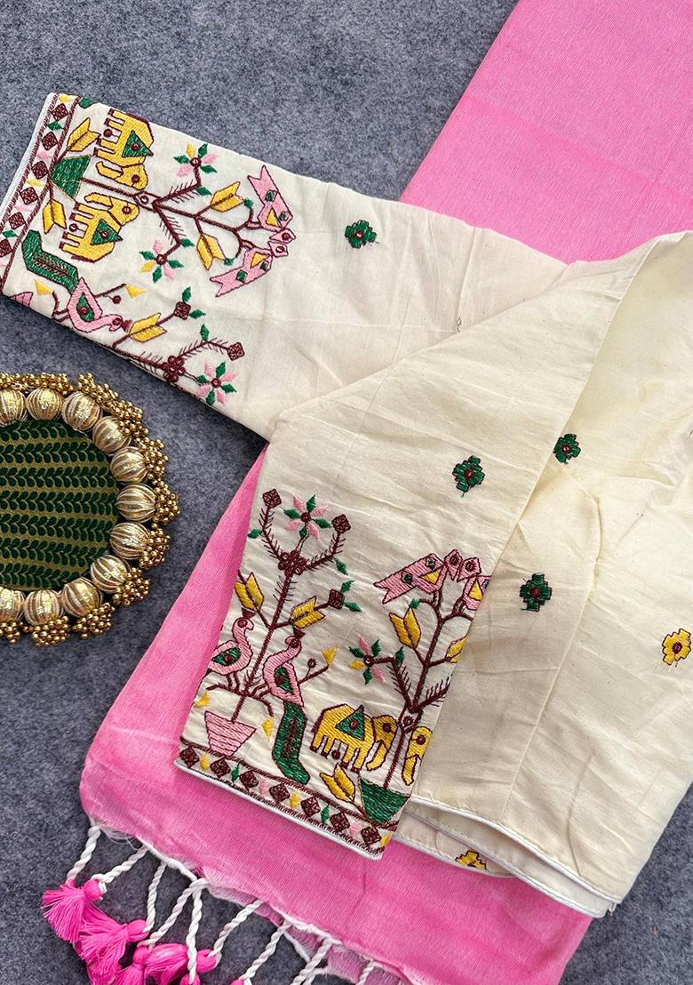 Baby Pink Handloom Khadi Cotton Silk Saree Set - Indya