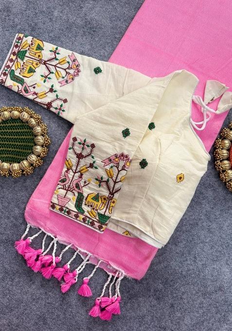 Baby Pink Handloom Khadi Cotton Silk Saree Set