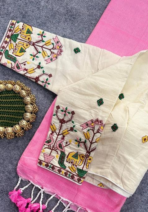 Baby Pink Handloom Khadi Cotton Silk Saree Set