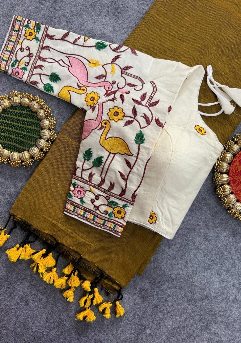 Gold Handloom Khadi Cotton Silk Saree Set