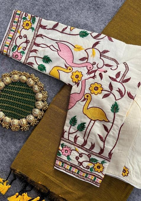 Gold Handloom Khadi Cotton Silk Saree Set