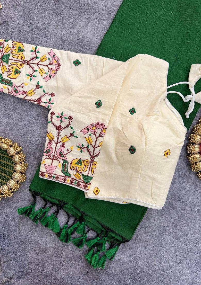 Green Handloom Khadi Cotton Silk Saree Set