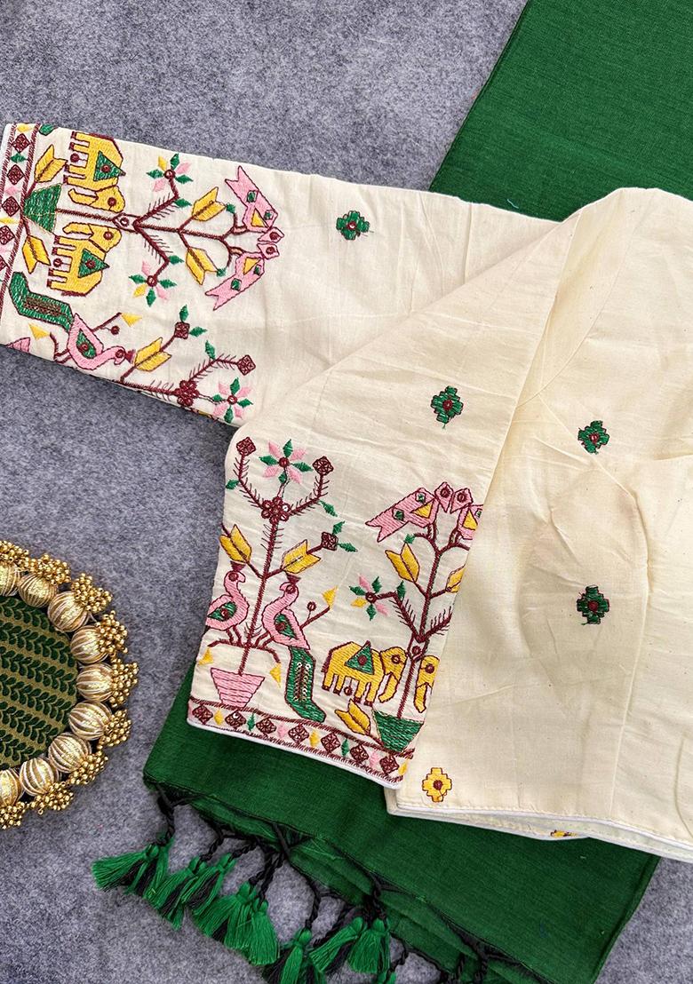 Green Handloom Khadi Cotton Silk Saree Set - Indya