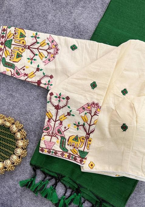 Green Handloom Khadi Cotton Silk Saree Set