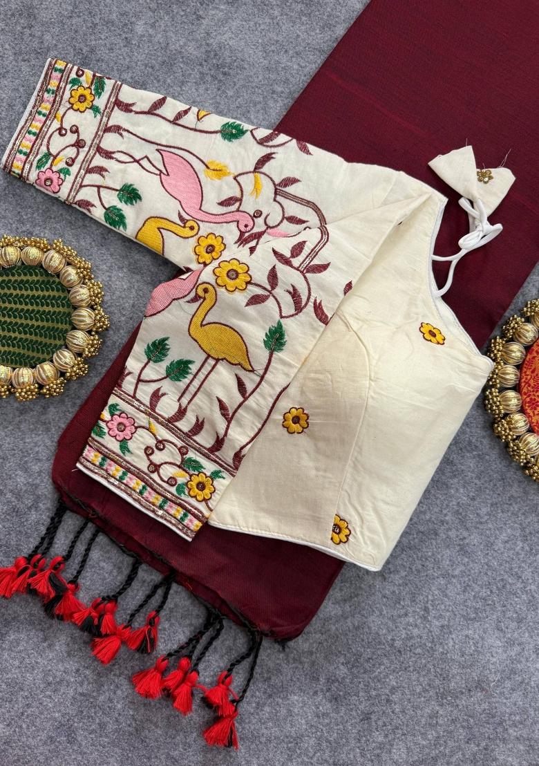 Maroon Handloom Khadi Cotton Silk Saree Set