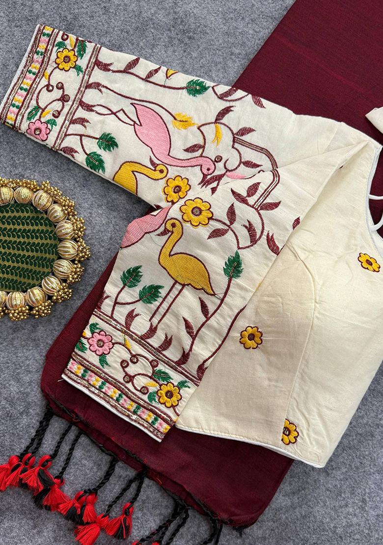 Maroon Handloom Khadi Cotton Silk Saree Set - Indya