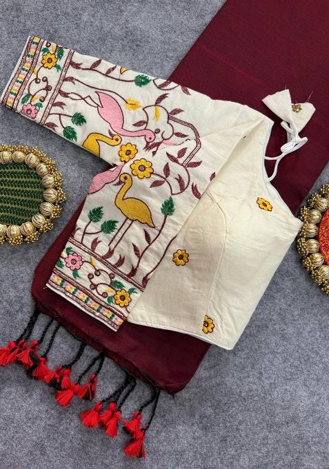 Maroon Handloom Khadi Cotton Silk Saree Set