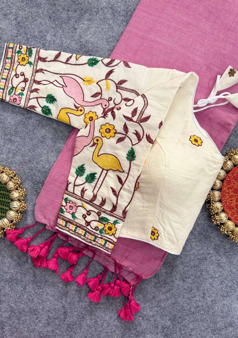 Pink Handloom Khadi Cotton Silk Saree Set - Indya
