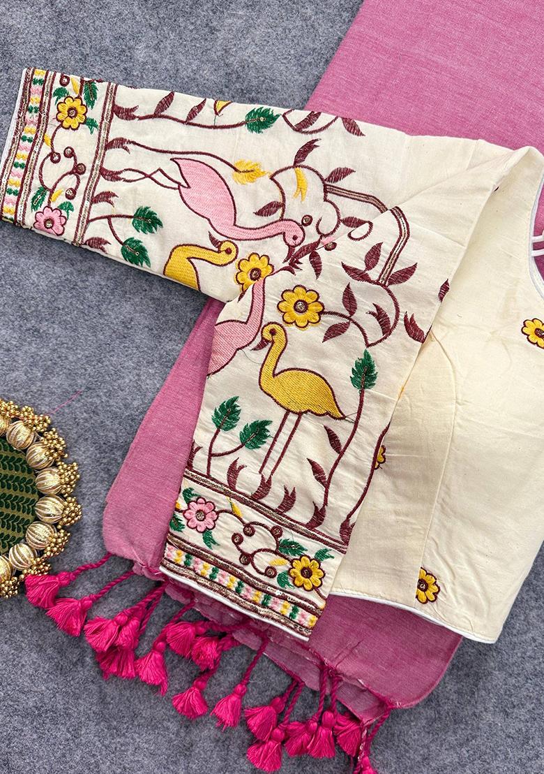 Pink Handloom Khadi Cotton Silk Saree Set - Indya