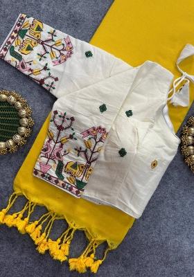 Yellow Handloom Khadi Cotton Silk Saree Set