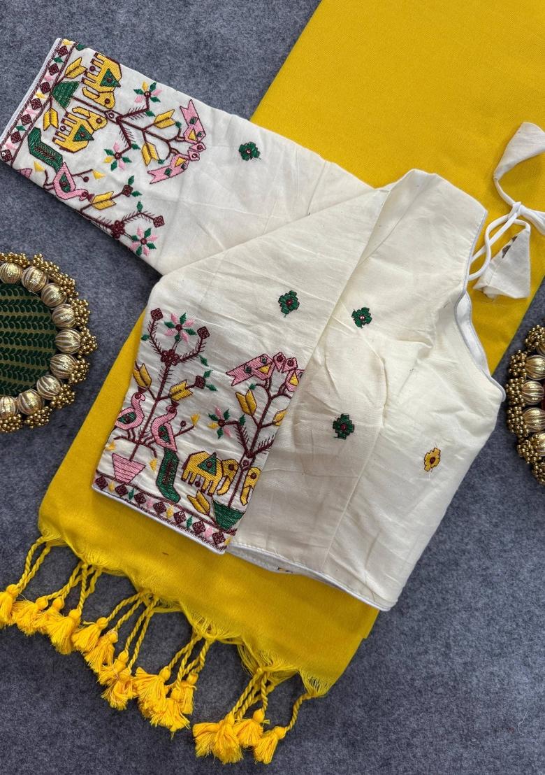 Yellow Handloom Khadi Cotton Silk Saree Set - Indya