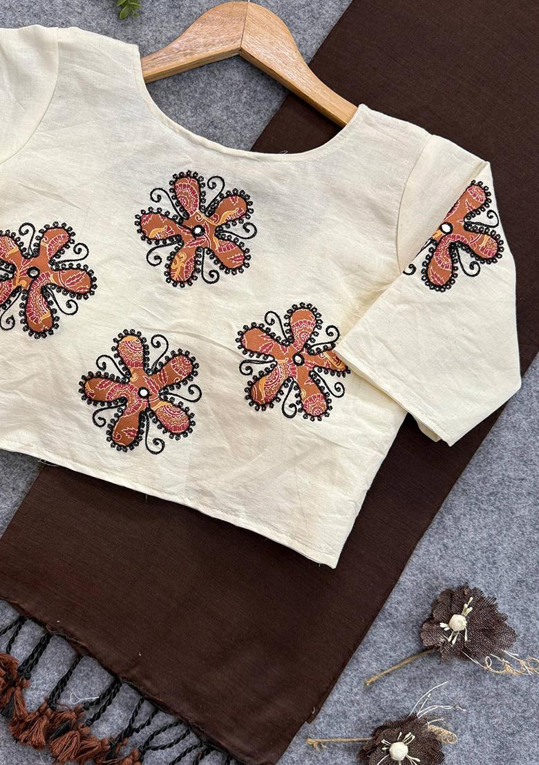 Coffee Handloom Khadi Cotton Silk Saree Set - Indya