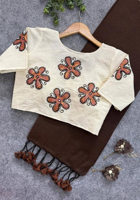 Coffee Handloom Khadi Cotton Silk Saree Set