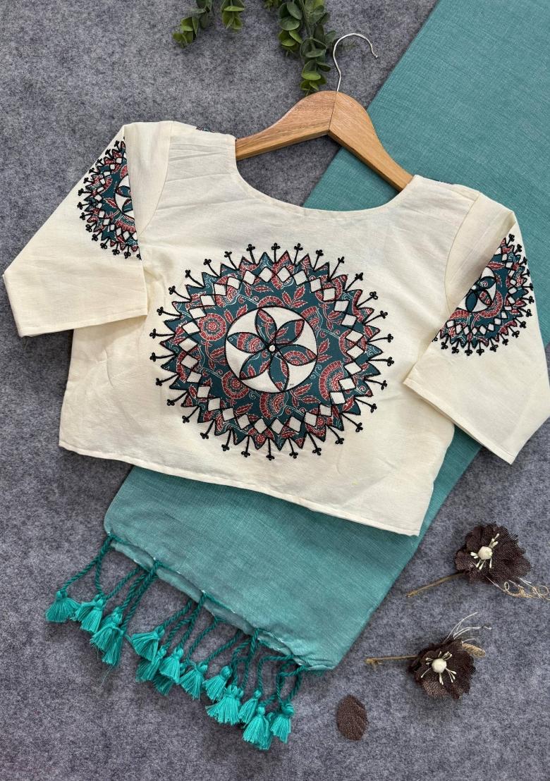 Pista Handloom Khadi Cotton Silk Saree Set