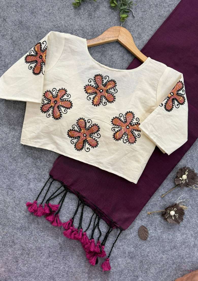 Wine Handloom Khadi Cotton Silk Saree Set - Indya