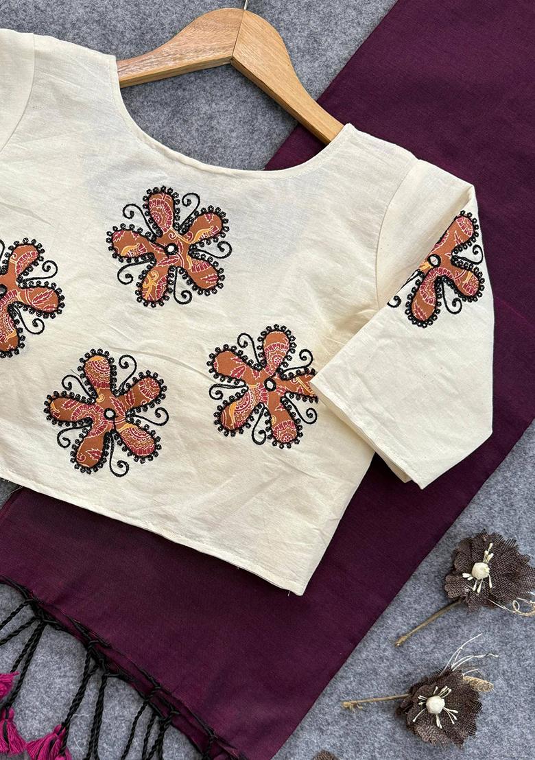 Wine Handloom Khadi Cotton Silk Saree Set - Indya