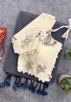 Grey Handloom Khadi Cotton Silk Saree Set