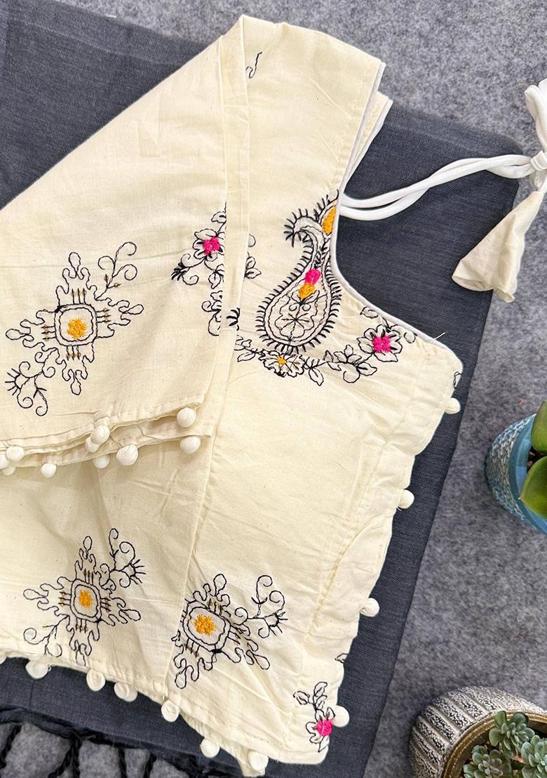 Grey Handloom Khadi Cotton Silk Saree Set - Indya