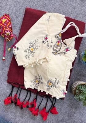 Maroon Handloom Khadi Cotton Silk Blend Saree Set