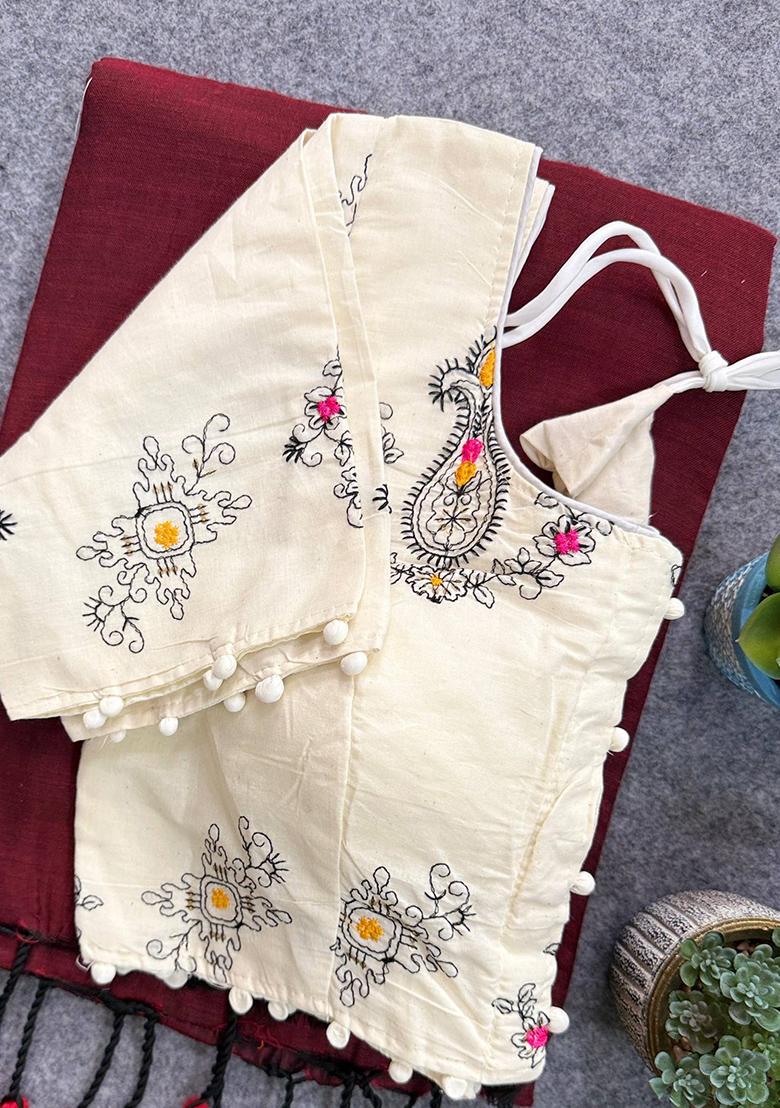 Maroon Handloom Khadi Cotton Silk Saree Set - Indya