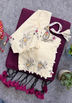 Wine Handloom Khadi Cotton Silk Saree Set