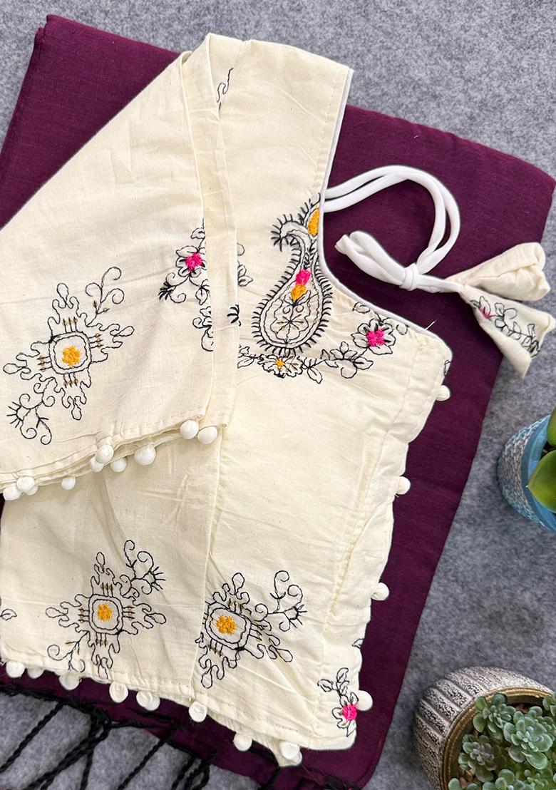 Wine Handloom Khadi Cotton Silk Saree Set - Indya