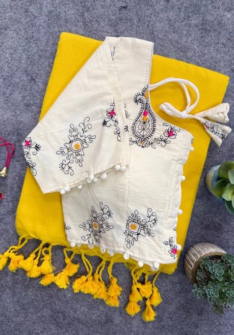 Yellow Handloom Khadi Cotton Silk Saree Set