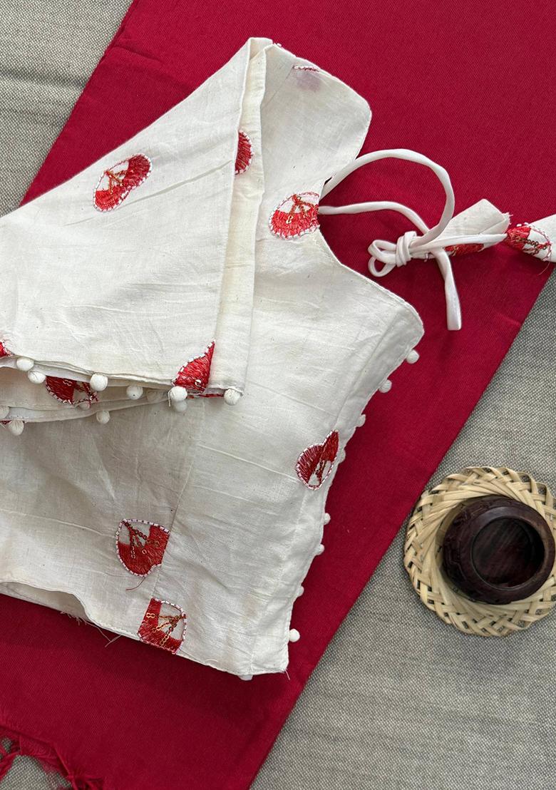 Red Handloom Khadi Cotton Silk Saree Set - Indya